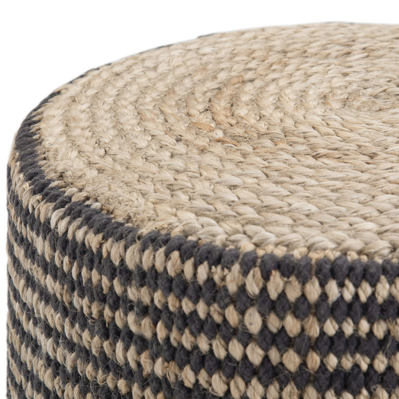 Larissa handcrafted round braided pouf by Simpli-Home, beige accent pouf with woven braided design, suitable for living room or seating area.