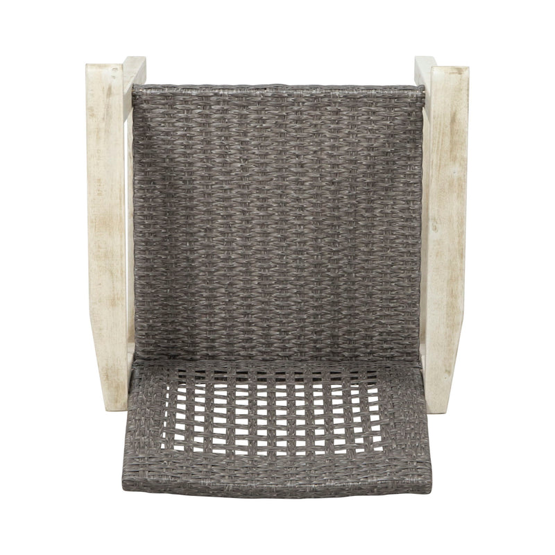 Set of two Noble House outdoor dining chairs with acacia wood frames, featuring slatted seats and backrests for patio use.