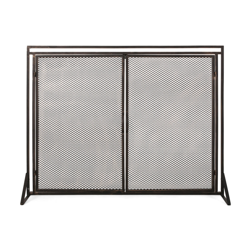 Noble House Samantha iron fireplace screen with a two-door design, featuring decorative metalwork for protecting and decorating your fireplace.