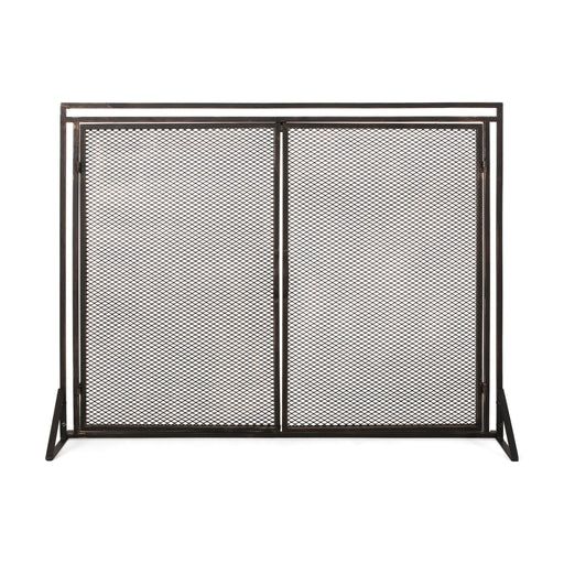 Noble House Samantha iron fireplace screen with a two-door design, featuring decorative metalwork for protecting and decorating your fireplace.