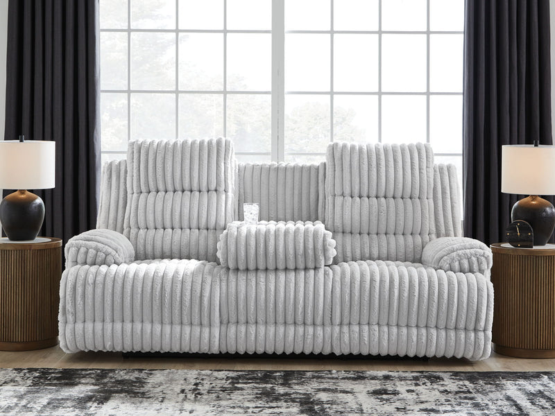 Rhines Falls - Reclining Power Sofa With Drop Down Table - Alloy - R&R Furniture Gallery (Fountain Valley, CA)