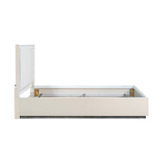 Upholstered Michael Amini Pavira bed with built-in LED lights, showcasing a modern, plush design and illuminated headboard.
