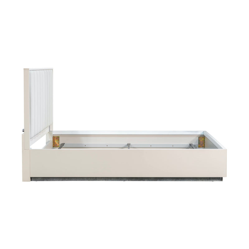 Upholstered Michael Amini Pavira bed with built-in LED lights, showcasing a modern, plush design and illuminated headboard.