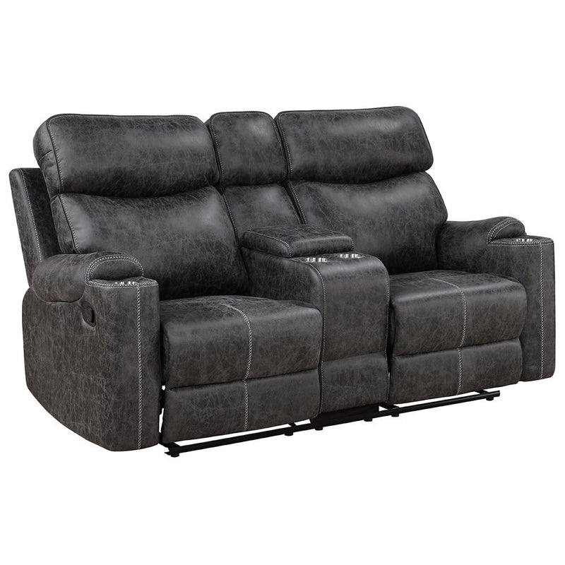 Hirah - Motion Loveseat With Console & USB Port - Dark Gray Polish Microfiber - R&R Furniture Gallery (Fountain Valley, CA)