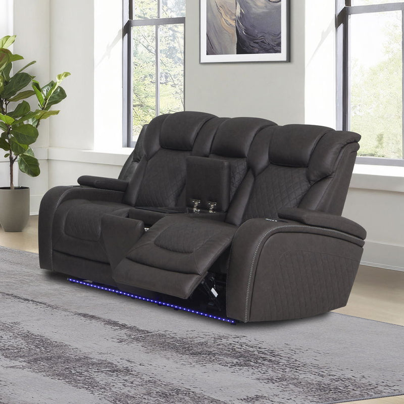 Wendell - Power Motion Loveseat With Console, Wireless Charger, Storage, USB & LED - Dark Gray - R&R Furniture Gallery (Fountain Valley, CA)