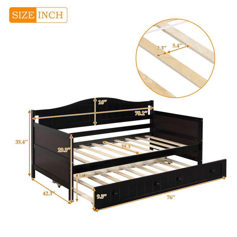 DreamHaus wooden daybed sofa bed with built-in storage drawers and no box spring, showcasing a sturdy wooden frame and versatile design.