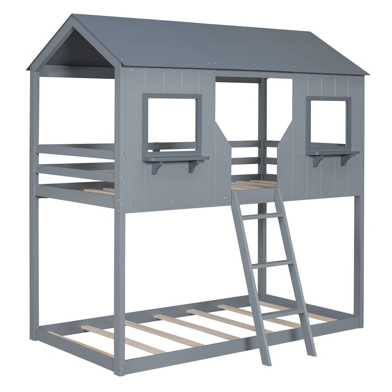 Twin Over Twin Bunk Bed With Roof, Window, Guardrail, Ladder - R&R Furniture Gallery (Fountain Valley, CA)