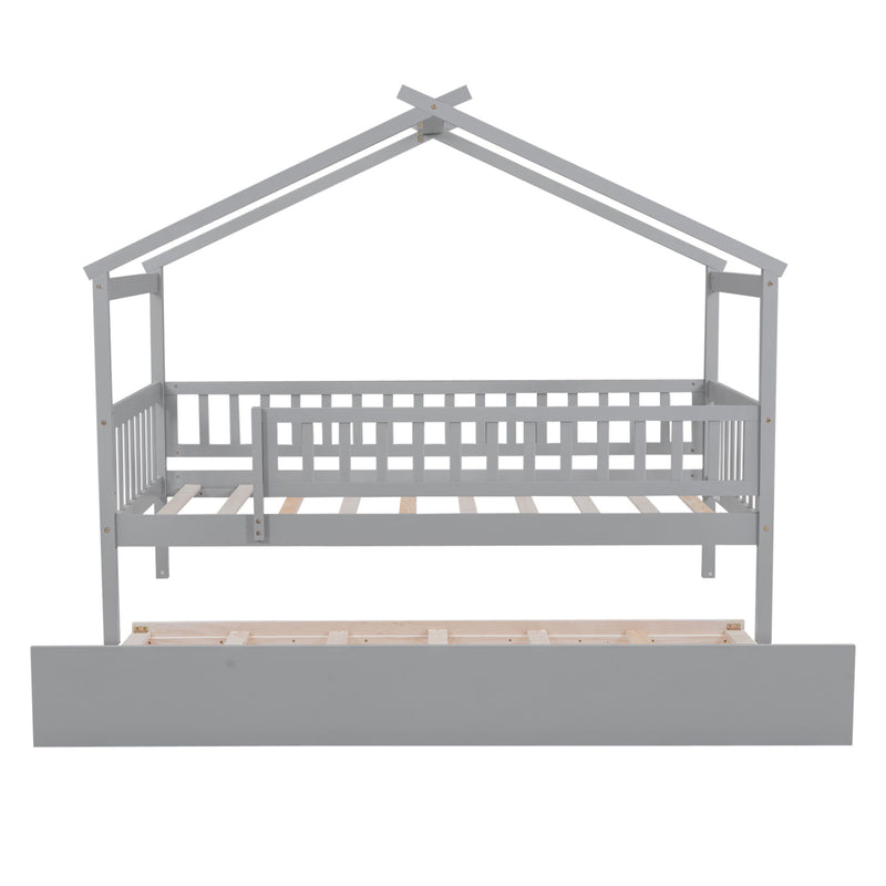 DreamHaus creativity house bed with twin size trundle, featuring a playful house-shaped design and sturdy wood construction.