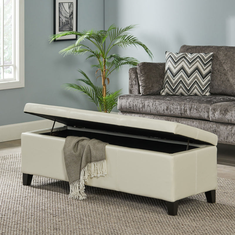Noble House Glouster contemporary storage ottoman with fabric upholstery and hidden storage compartment.