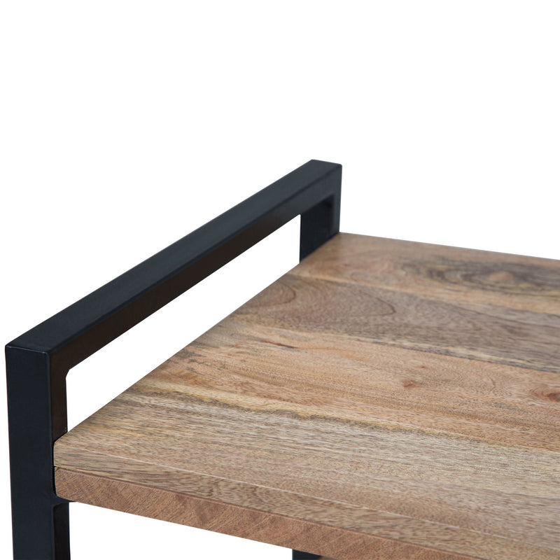 Simpli-Home Riverside TV media stand in natural wood finish, with open shelves and storage compartments for entertainment equipment.