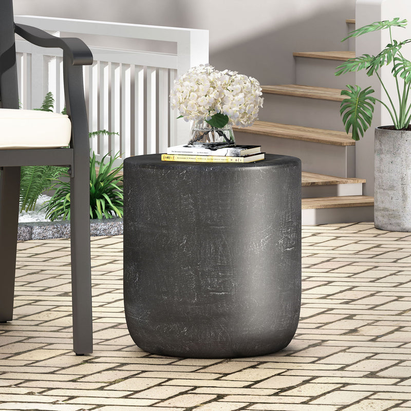 Outdoor lightweight concrete end table with natural texture and matte black finish, featuring a sleek, modern design by Noble House.