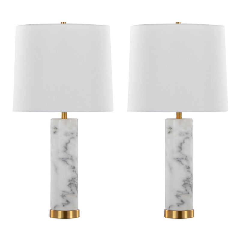Pair of Lumi Source Marabella contemporary marble table lamps with brass bases and white shades, set of two, on a modern surface.