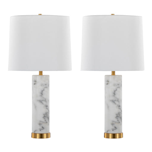 Pair of Lumi Source Marabella contemporary marble table lamps with brass bases and white shades, set of two, on a modern surface.
