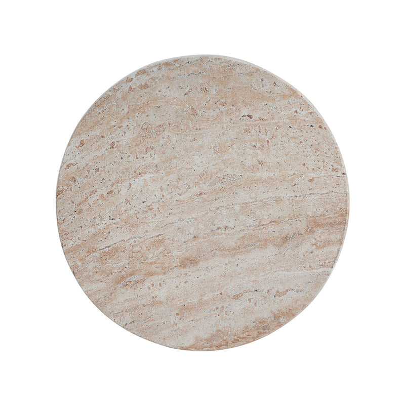 Noble House beige lightweight concrete side table with travertine top, suitable for outdoor and indoor use.