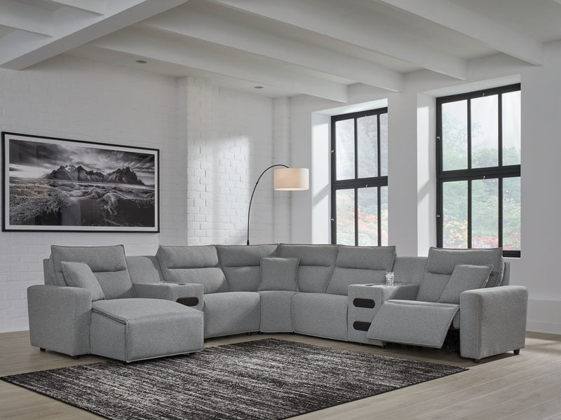Modmax II reclining sectional in salt and pepper fabric by Signature Design by Ashley, showing plush cushions and reclining features.