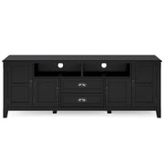 Simpli-Home Burlington TV media stand with storage shelves and open compartments, designed for modern living rooms.