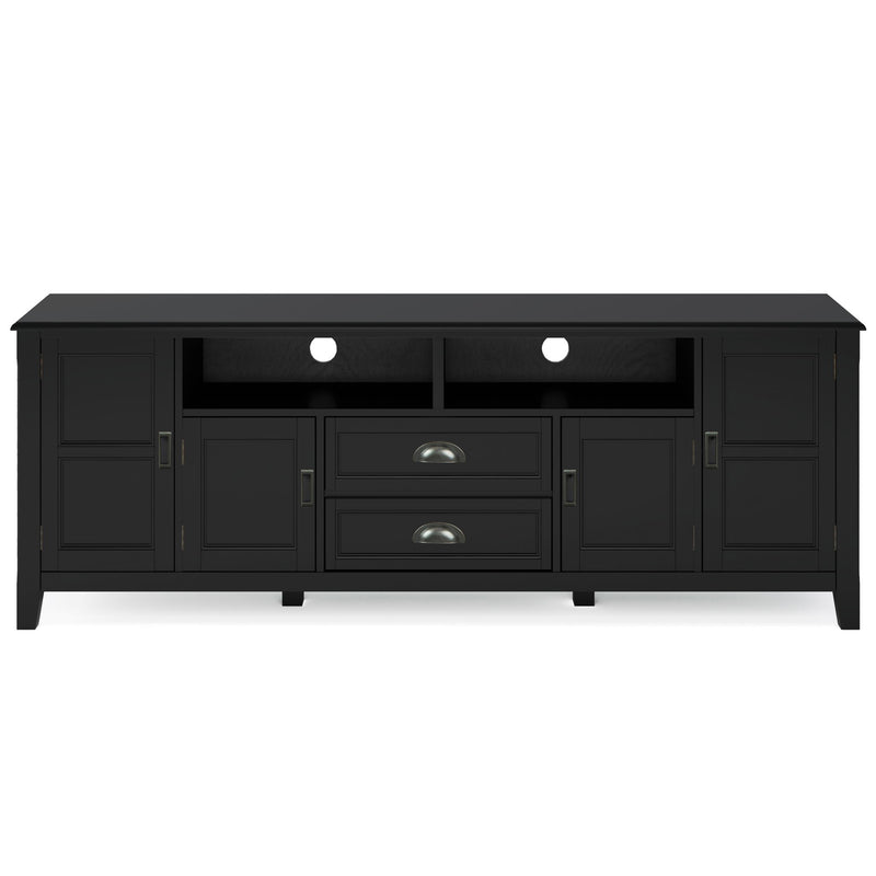 Simpli-Home Burlington TV media stand with storage shelves and open compartments, designed for modern living rooms.
