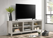 Lilola Home Benito TV stand with open shelves and cable management for organized entertainment setup.