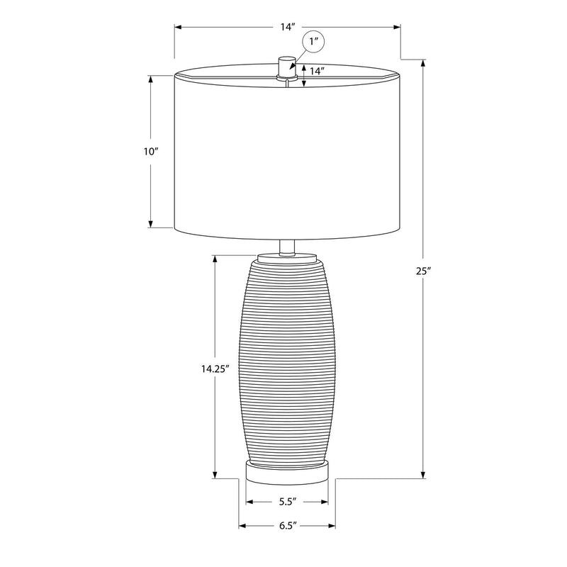 Gray ceramic table lamp by 8th Street with a modern design, featuring a sleek cylindrical shape and a fabric lampshade.