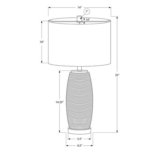 Gray ceramic table lamp by 8th Street with a modern design, featuring a sleek cylindrical shape and a fabric lampshade.