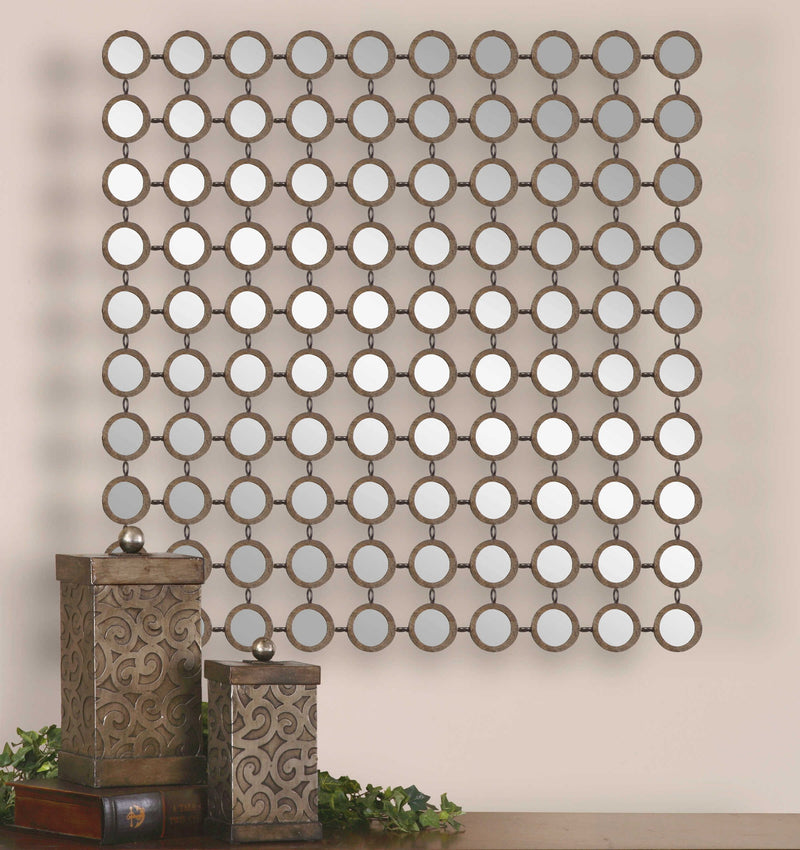 Uttermost Dinuba wall mirror in antique silver champagne finish, decorative wall decor with elegant frame design.