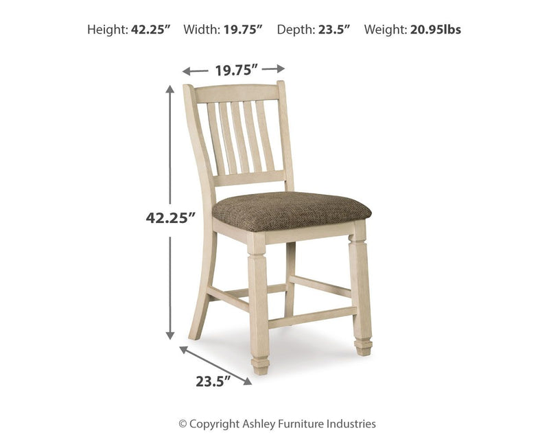 Set of two beige upholstered Bolanburg barstools by Signature Design Ashley, featuring padded seats and wooden legs.