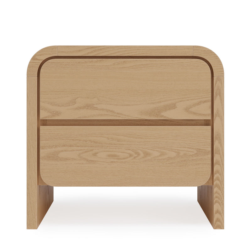 Modus Elora 2-drawer nightstand in timber with sleek design and modern handles, placed in a contemporary bedroom setting.