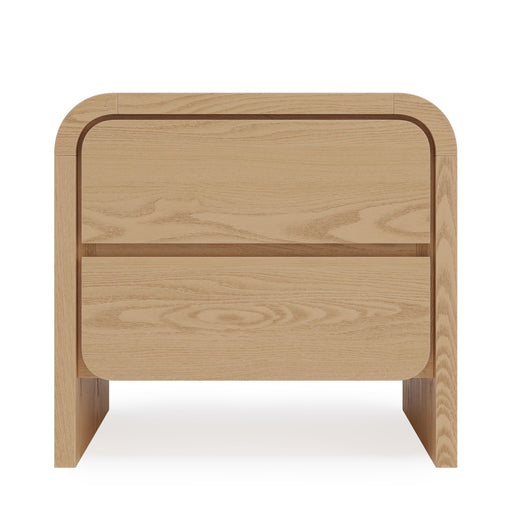Modus Elora 2-drawer nightstand in timber with sleek design and modern handles, placed in a contemporary bedroom setting.