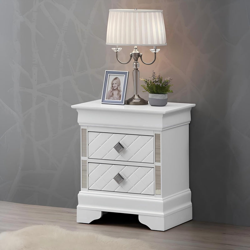 Silver champagne accent nightstand from Glory Furniture featuring a sleek design and modern style.