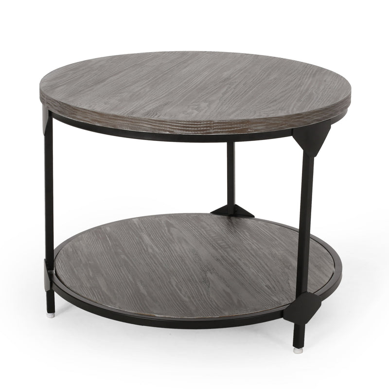 Gray Noble House coffee table with wood-patterned tabletop and iron frame, modern and stylish living room furniture piece.
