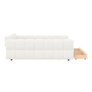 Dreamland upholstered platform bed with USB charging ports, two storage drawers, and soft fabric upholstery in a modern bedroom setting.