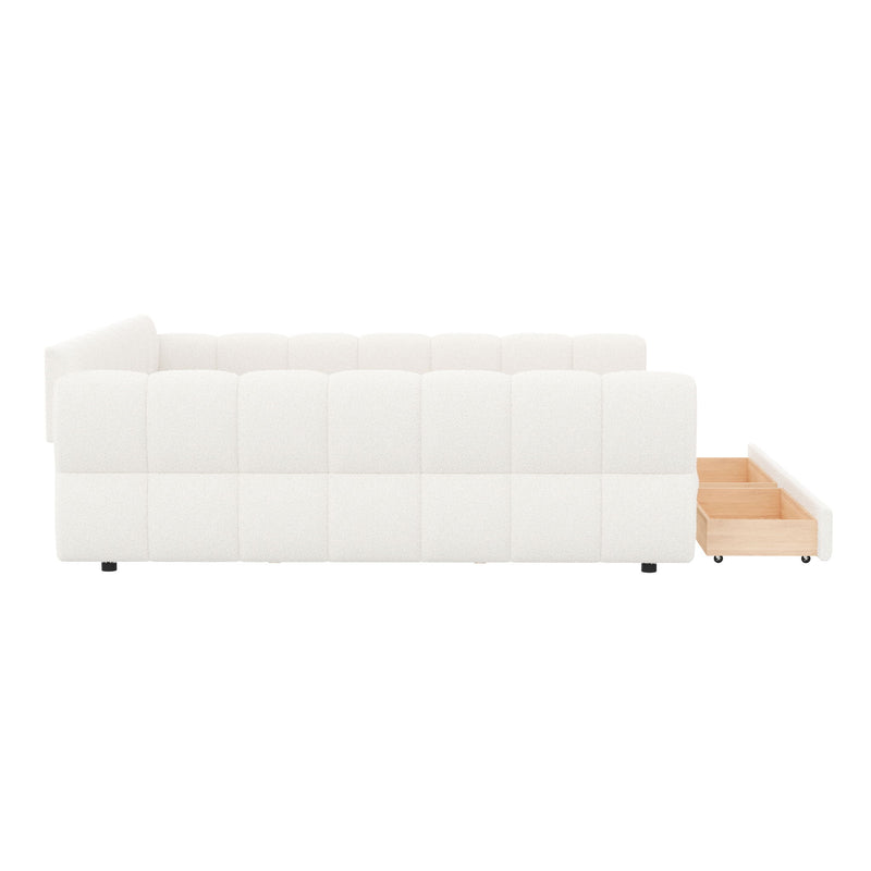 Dreamland upholstered platform bed with USB charging ports, two storage drawers, and soft fabric upholstery in a modern bedroom setting.