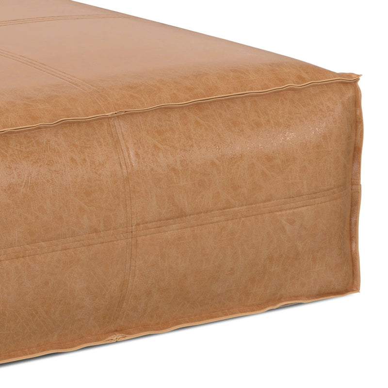 Large square coffee table pouf from Simpli-Home Brody accent poufs, soft fabric with a neutral color and plush cushion.