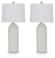 Set of two Vauville white poly table lamps by Signature Design Ashley, featuring sleek, modern design with cylindrical shades.