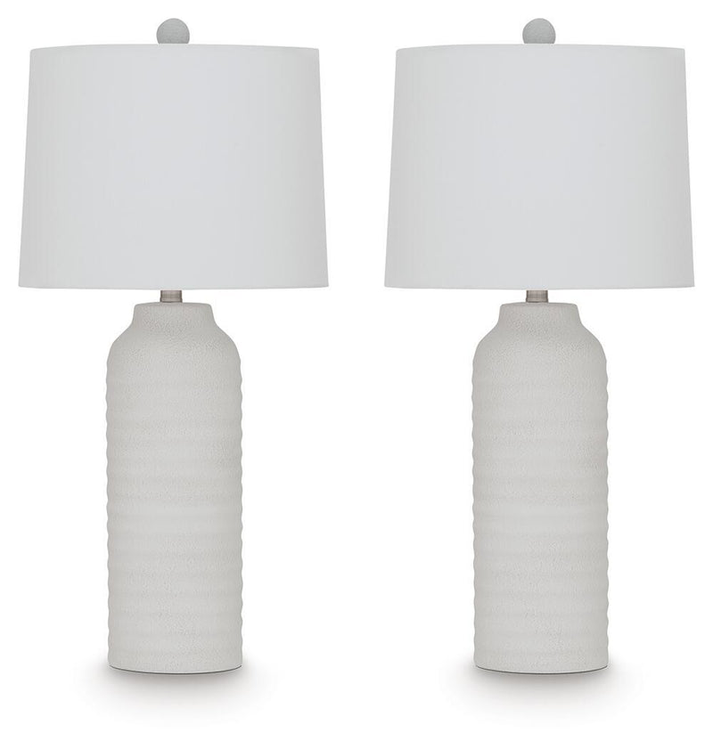 Set of two Vauville white poly table lamps by Signature Design Ashley, featuring sleek, modern design with cylindrical shades.
