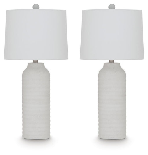 Set of two Vauville white poly table lamps by Signature Design Ashley, featuring sleek, modern design with cylindrical shades.