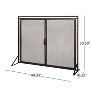 Noble House Samantha iron fireplace screen with a two-door design, decorative metal frame, and mesh panels for fireplace safety.