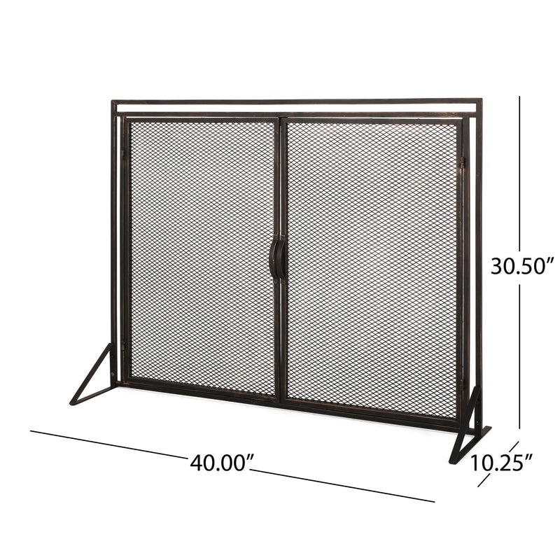 Noble House Samantha iron fireplace screen with a two-door design, decorative metal frame, and mesh panels for fireplace safety.