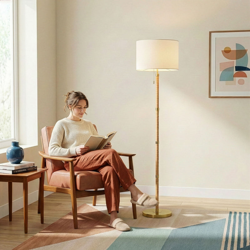 Stellar - Linen Shade Floor Lamp - Gold / Natural Wood / Rattan / White - R&R Furniture Gallery (Fountain Valley, CA)