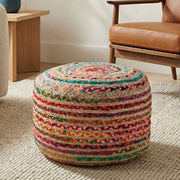 Simpli-Home Margo handcrafted round accent pouf with textured fabric, suitable for living room or bedroom decor.