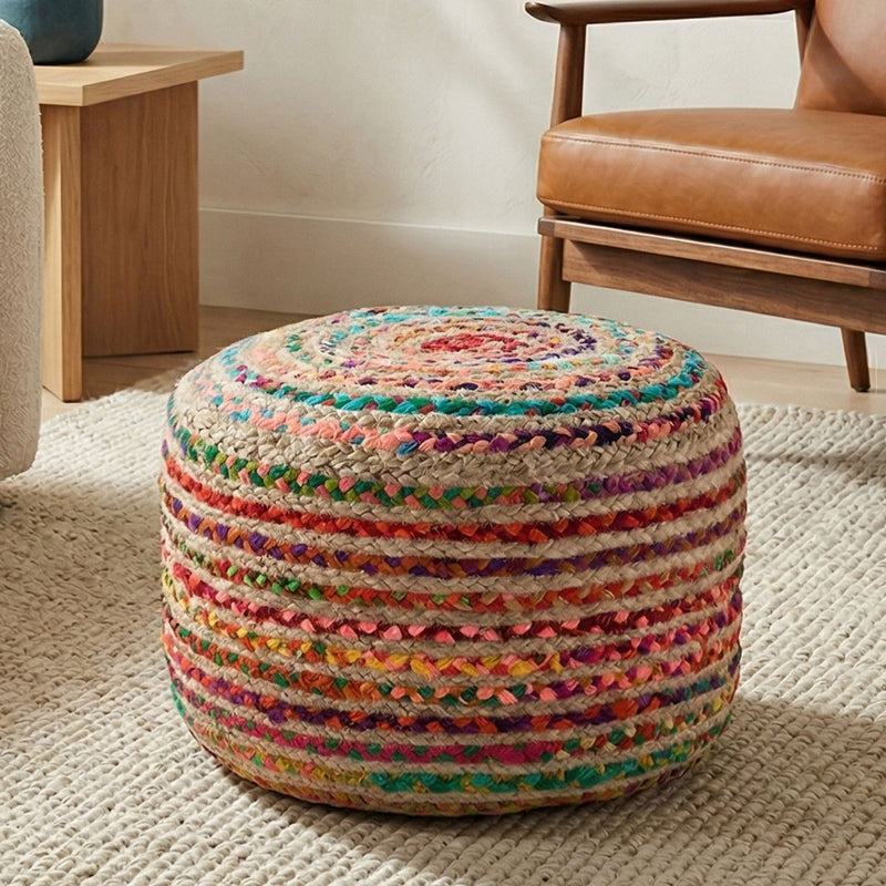 Simpli-Home Margo handcrafted round accent pouf with textured fabric, suitable for living room or bedroom decor.