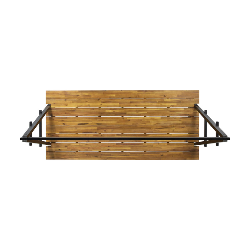 Noble House Huckleberry teak outdoor dining table with acacia wood finish and built-in plant hanger, perfect for patio dining.