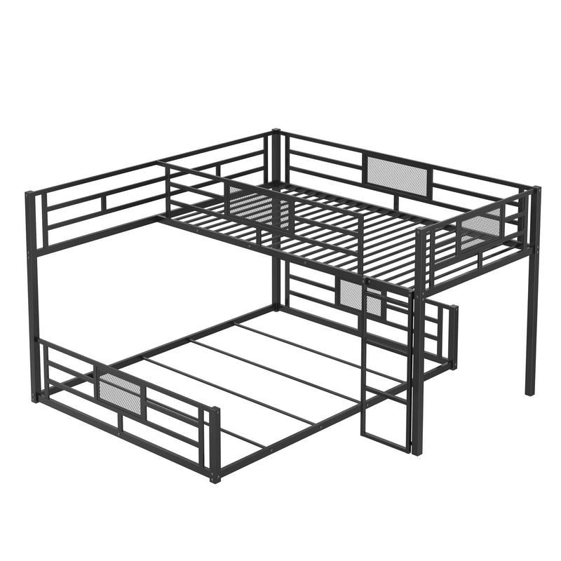 Dreamland L-shaped bunk bed with safety features, showcasing two stacked beds with sturdy wooden frames and guardrails.