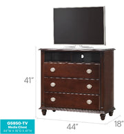 Cappuccino media storage chest from Glory Furniture, accent chest with doors and shelves for organizing media and accessories.