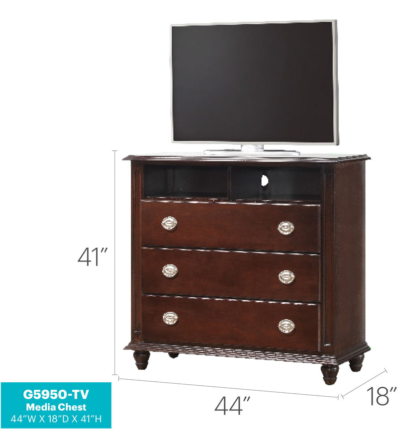 Cappuccino media storage chest from Glory Furniture, accent chest with doors and shelves for organizing media and accessories.