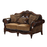 Dreena - Loveseat With 3 Pillows - Two Tone Brown Synthetic Leather & Chenille Cherry - R&R Furniture Gallery (Fountain Valley, CA)