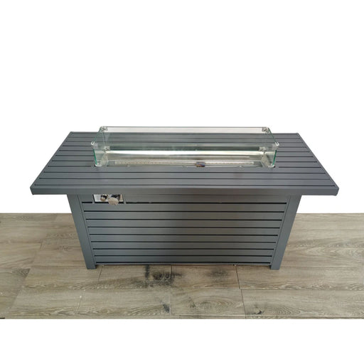 Gray outdoor gas fire pit table by LSI Patio Furniture with durable construction and lid, ideal for outdoor heating and ambiance.