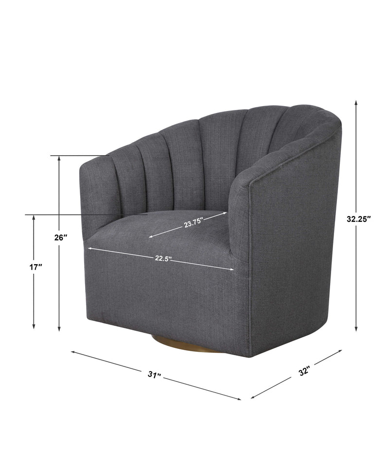 Modern dark gray swivel chair by Uttermost with a sleek design and cushioned seat, perfect for contemporary living spaces.
