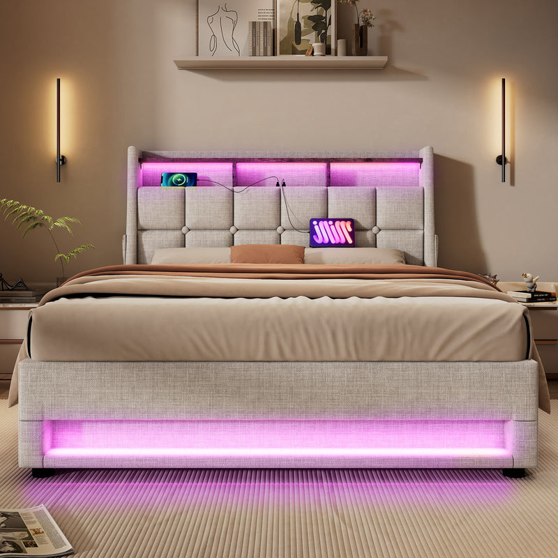 Artistry At Home upholstered platform bed with hydraulic storage, LED lighting, and USB charging ports, shown without mattress.