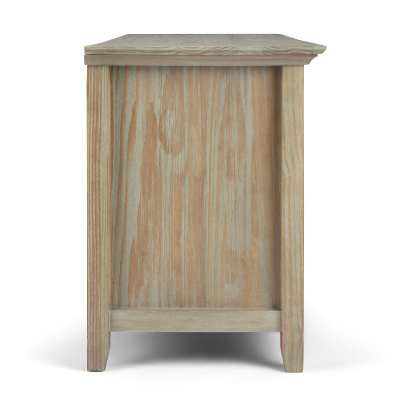 Simpli-Home Amherst wide TV media stand with open shelves and storage compartments, ideal for supporting large TVs and media devices.